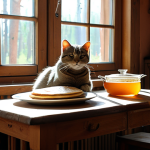 **

A cozy kitchen interior in a traditional Russian dacha. Sunlight streams through the window onto a wooden table laden with blini, samovar, honey, and varenye (jam). A cat naps peacefully on a nearby bench.  "Warm colors, rustic, homely atmosphere, high detail, safe for work, appropriate content, fully clothed, professional, modest, family-friendly, perfect anatomy, natural proportions, well-formed hands, proper finger count, natural body proportions".

**