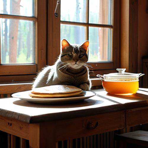 Home 11 **
A cozy kitchen interior in a traditional Russian dacha. Sunlight streams through the window onto a wooden table laden with blini, samovar, honey, and varenye (jam). A cat naps peacefully on a nearby bench. "Warm colors, rustic, homely atmosphere, high detail, safe for work, appropriate content, fully clothed, professional, modest, family-friendly, perfect anatomy, natural proportions, well-formed hands, proper finger count, natural body proportions".
**