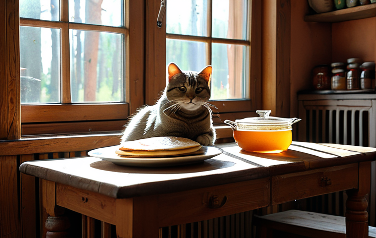 **

A cozy kitchen interior in a traditional Russian dacha. Sunlight streams through the window onto a wooden table laden with blini, samovar, honey, and varenye (jam). A cat naps peacefully on a nearby bench.  "Warm colors, rustic, homely atmosphere, high detail, safe for work, appropriate content, fully clothed, professional, modest, family-friendly, perfect anatomy, natural proportions, well-formed hands, proper finger count, natural body proportions".

**