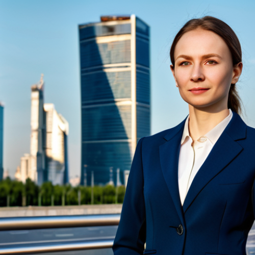 Home 6 **
A professional businesswoman in a modest navy blue business suit, standing confidently in front of the Moscow City business district, fully clothed, appropriate attire, safe for work, perfect anatomy, natural proportions, professional corporate photography, high quality, daytime lighting.
**