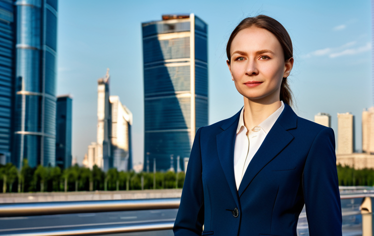 **

A professional businesswoman in a modest navy blue business suit, standing confidently in front of the Moscow City business district, fully clothed, appropriate attire, safe for work, perfect anatomy, natural proportions, professional corporate photography, high quality, daytime lighting.

**