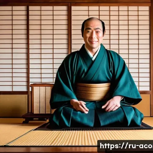 Home 32 라쿠고 유명인 프로필 - A traditional Edo-period rakugo storyteller seated on a simple stage with a cushion, wearing a class...