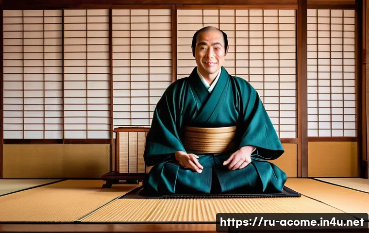 라쿠고 유명인 프로필 - A traditional Edo-period rakugo storyteller seated on a simple stage with a cushion, wearing a class...