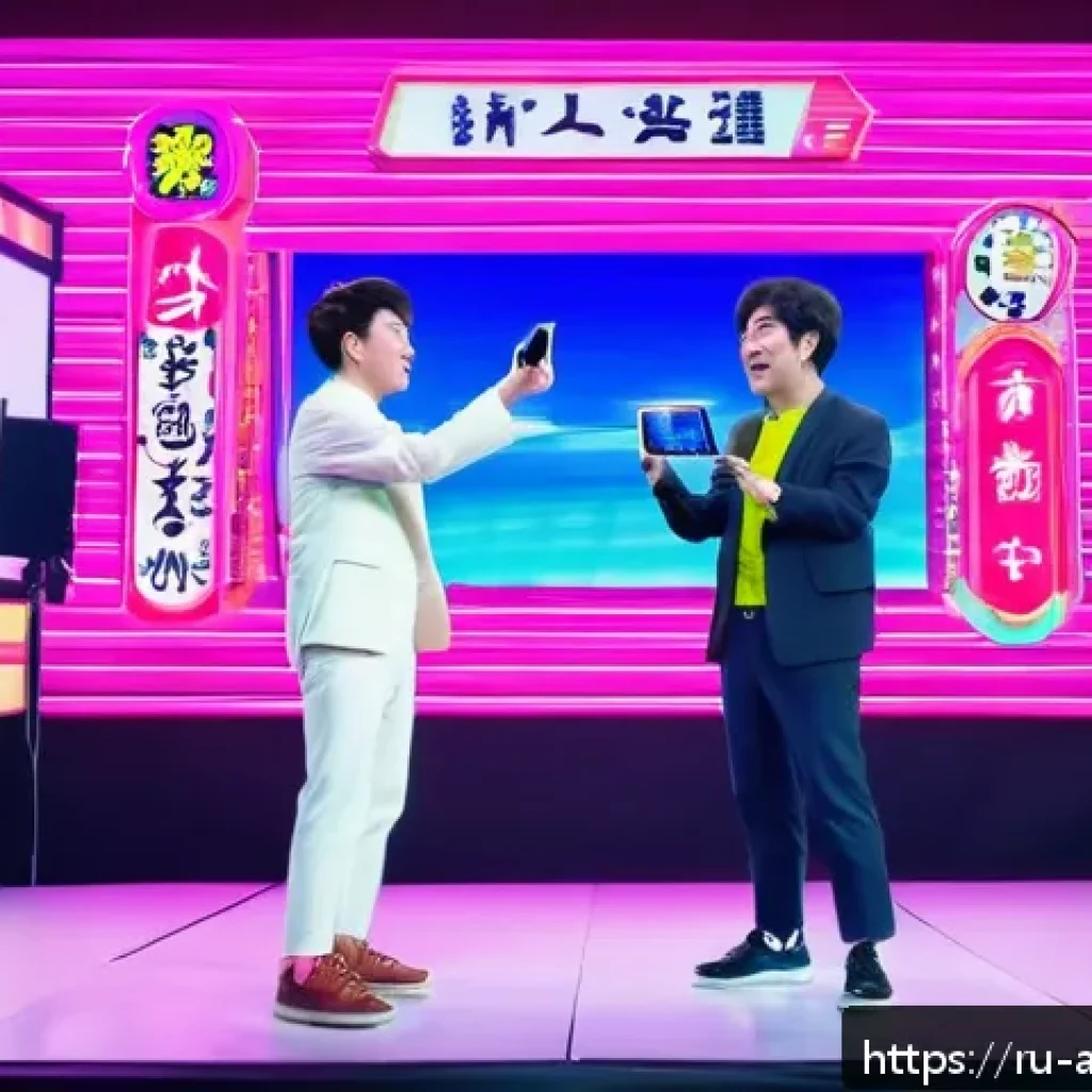 일본 개그맨 인기 순위 - A vibrant scene of a modern Japanese comedy show blending tradition and technology: two comedians in...