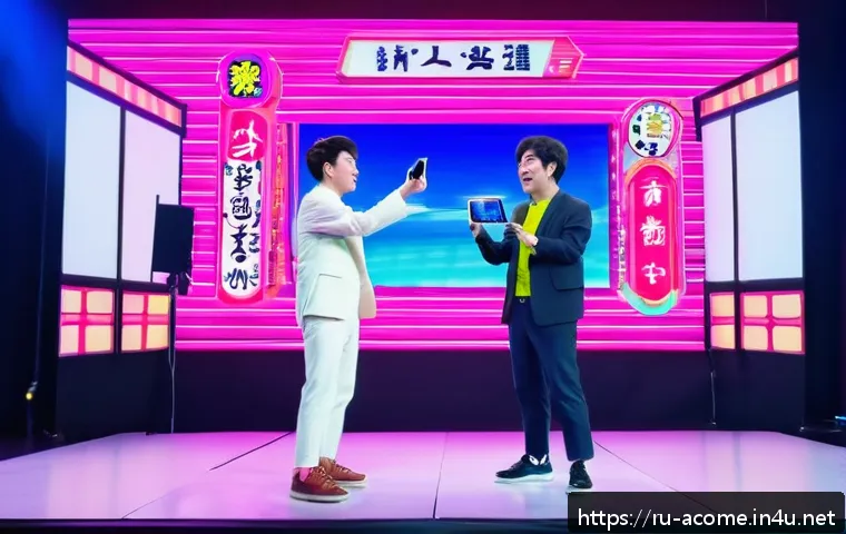 일본 개그맨 인기 순위 - A vibrant scene of a modern Japanese comedy show blending tradition and technology: two comedians in...