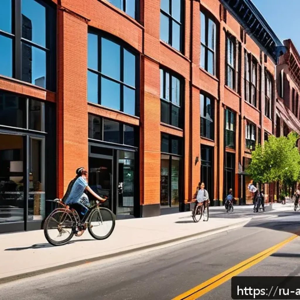 다운타운의 영향력 - A vibrant urban downtown scene showcasing the transformation of old industrial buildings into modern...