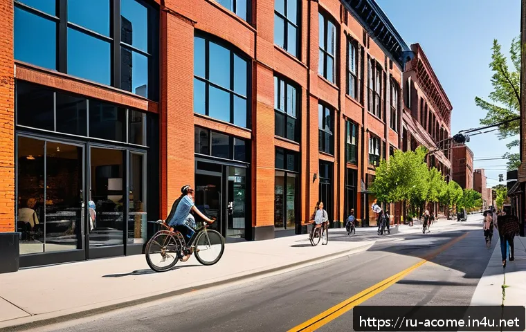 다운타운의 영향력 - A vibrant urban downtown scene showcasing the transformation of old industrial buildings into modern...